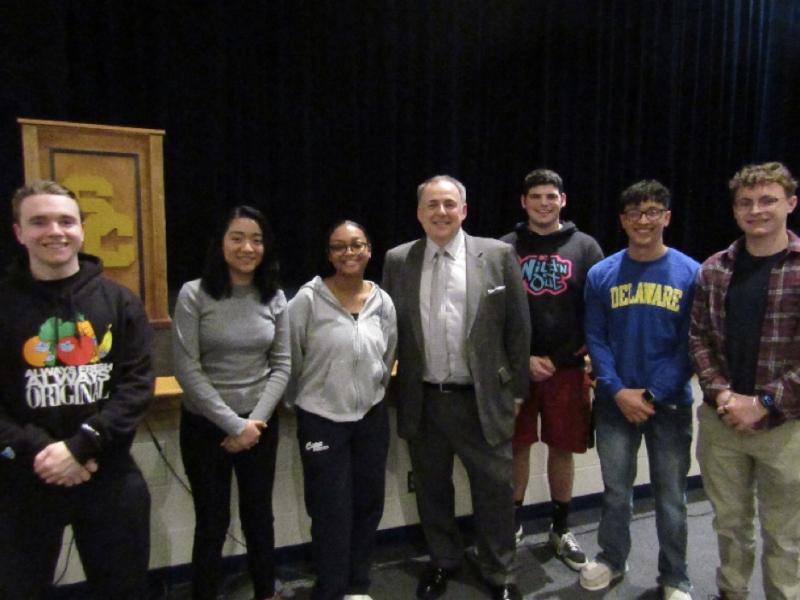 Cape High senior JROTC cadets gathered at the leadership conference with speaker Frederic Jouhet are (l-r) Colby Smith, Linda Gutierrez, Janiah Maltbie, Jouhet, Issac League, Bryan Ramirez and Aidan Cox. SUBMITTED PHOTO
